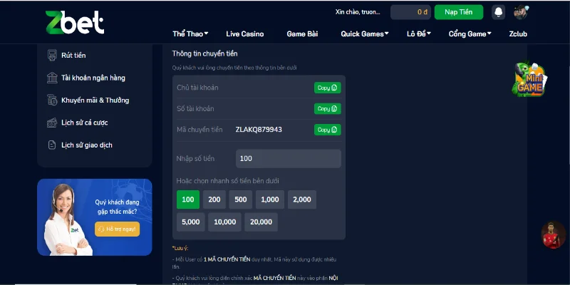 Người chơi cần đáp ứng đủ điều kiện để nạp tiền ZBet 