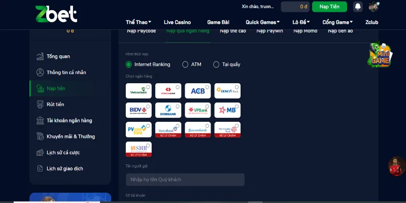 Giao dịch tại ZBet thông qua ngân hàng được nhiều cược thủ áp dụng 