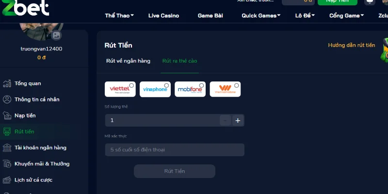 Rút tiền Zbet thông qua thẻ cào là một lựa chọn khác cho bet thủ